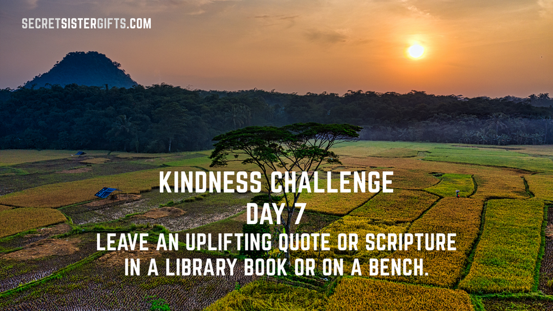Kindness Challenge Day 7: Leave an uplifting quote or Scripture in a library bok or on a bench.