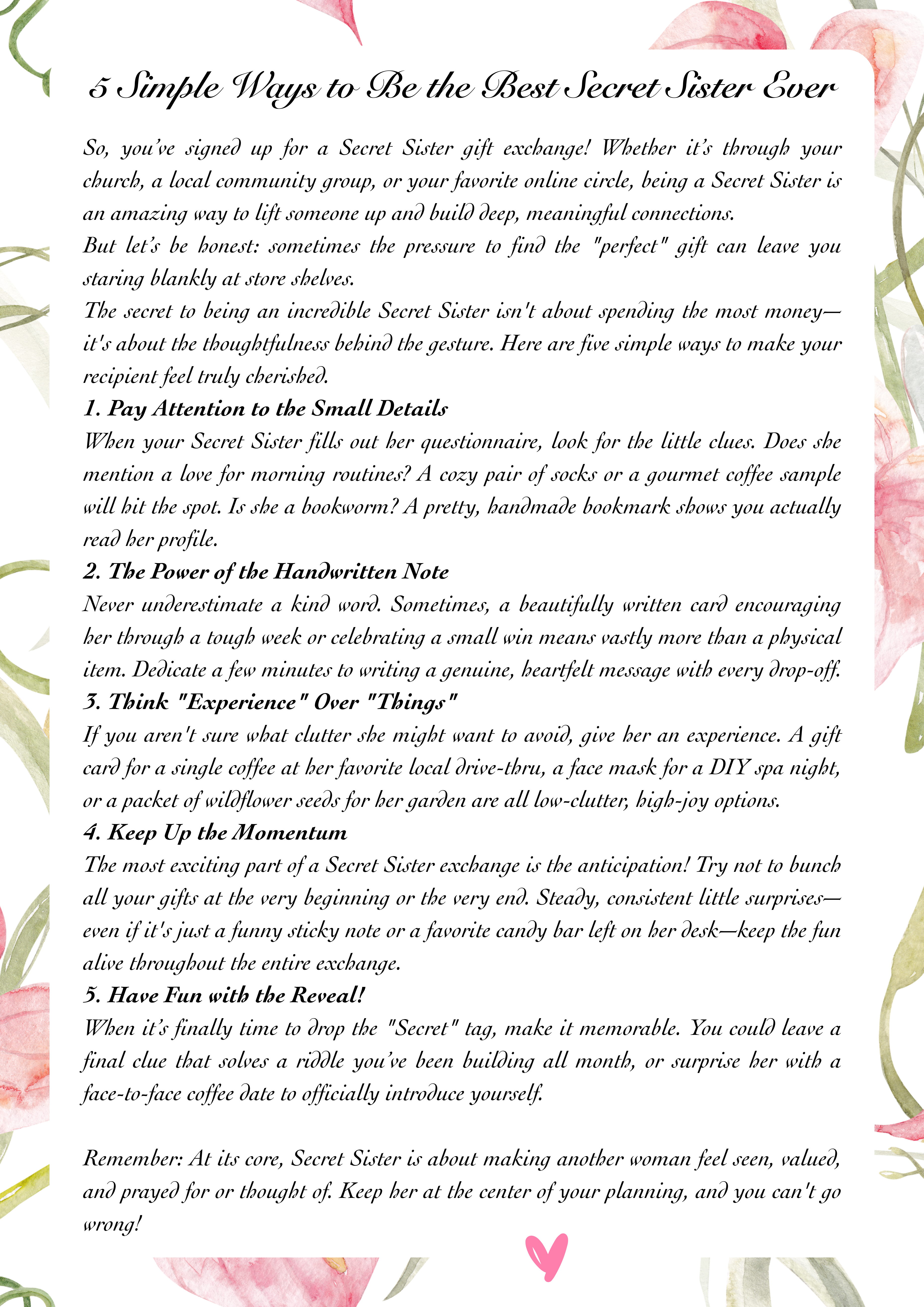 A blog post about being a great Secret Sister with an image border of pink flowers.