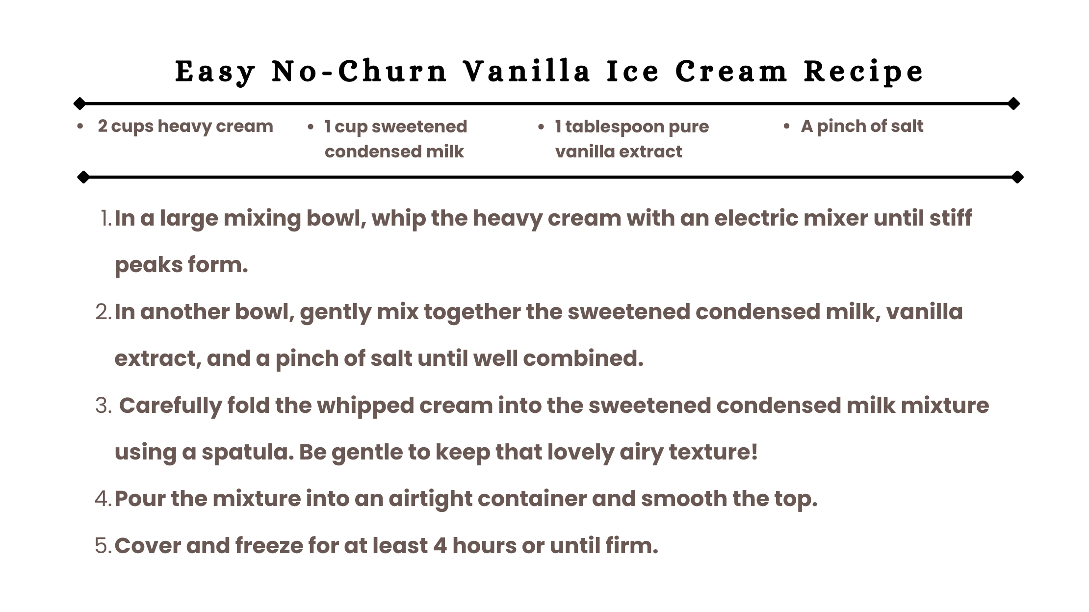 Written recipe directions for making vanilla ice cream with an easy, no-churn method.