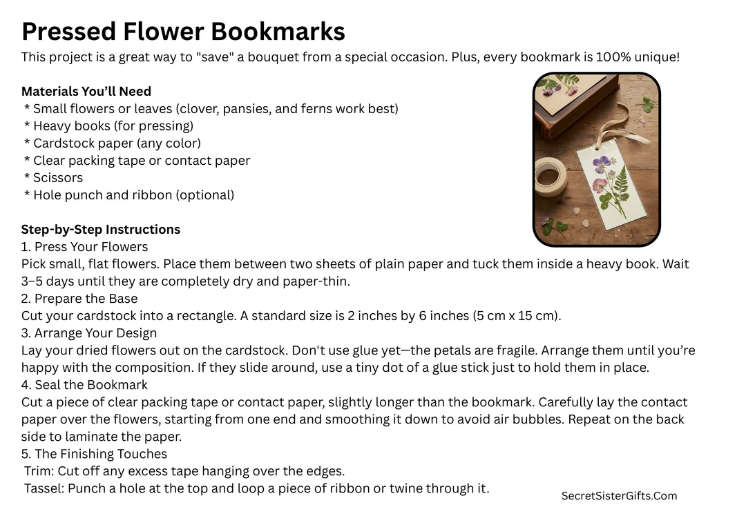 This image includes instructions for making your own bookmarks with pressed flowers.