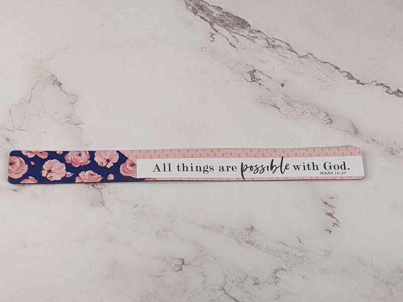 "All things are possible with God. Mark 10:27" Magnet with a pink floral design.