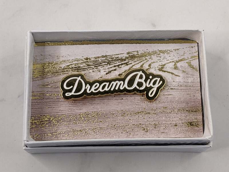 A gold lapel pin with white letters featuring the words, "Dream Big."